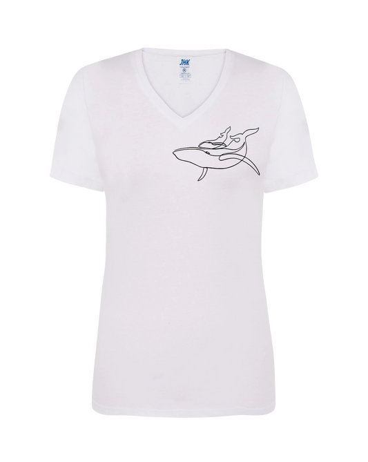 T-shirt femme col V floqué baleine et baleineau 100% coton blanc - Ligne de La Réunion